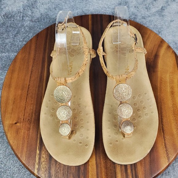 Vionic Lizbeth Sandals Women's 11 Tan Cork Gold Metallic Buckle T Strap Orthotic - Picture 5 of 10